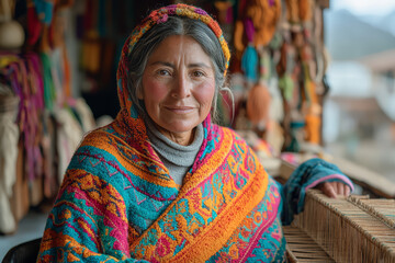 Fototapeta premium A woman in a bright poncho weaving colorful textiles on a traditional loom in a South American workshop, representing artisanal skills and cultural heritage.
