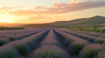 A picturesque field of lavender with rows of blooming plants, set against a backdrop of rolling hills and a soft, pastel sky at sunset.