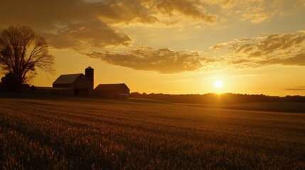 Fototapeta premium A picturesque sunset over a farm field, with silhouetted farm buildings and a peaceful rural landscape bathed in golden light.