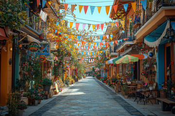 Fototapeta premium A street adorned with colorful flags and decorations, marking the beginning of a significant cultural holiday. Concept of public spaces and cultural celebration.