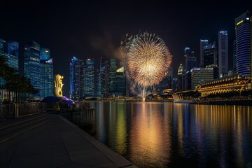 fireworks night view of Singapore skyline illuminated with National Day fireworks, with the Singapore skyline, the grandeur and celebratory atmosphere of the fireworks display