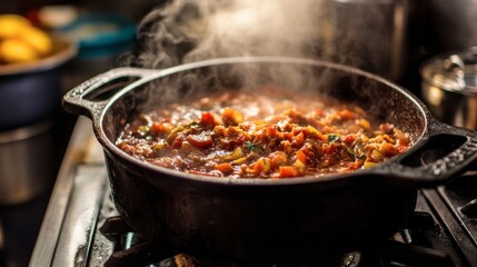A rustic cast iron pot simmering on a stove, with steam rising and a delicious stew or soup visible inside.