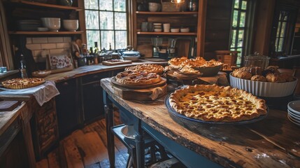 A rustic farmhouse kitchen with a table full of homemade pies and baked goods, showcasing the farm-to-table experience.
