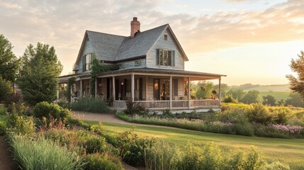 Obraz premium A rustic farmhouse with a wraparound porch and beautiful garden, set in a serene rural landscape with rolling hills.