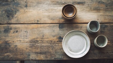 A rustic wooden table with a set of handcrafted ceramic plates and bowls, featuring a simple yet elegant dinner setting with natural textures.