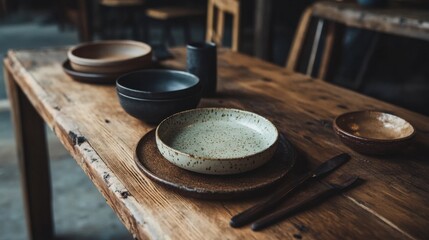 A rustic wooden table with a set of handcrafted ceramic plates and bowls, featuring a simple yet elegant dinner setting with natural textures.