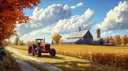 Obraz premium A scenic view of a farm with a vintage tractor parked in front of a large barn, surrounded by fields of golden crops.