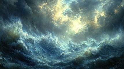 Fototapeta premium A stunning painting captures a vast expanse of water with numerous surging waves rising from its depths