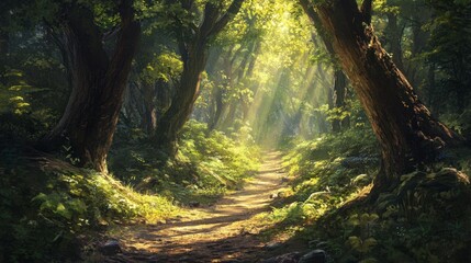 Fototapeta premium A serene forest path winding through tall, ancient trees with sunlight streaming through the foliage, creating a peaceful and inviting atmosphere.