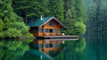 A serene lakeside cabin with wooden exterior and a dock, surrounded by lush greenery and reflecting in the calm water.