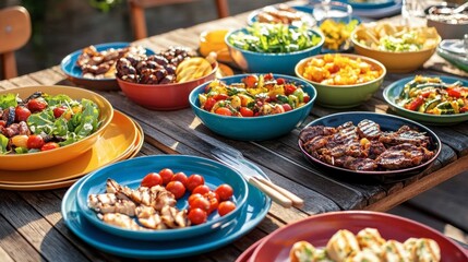 Obraz premium A set of colorful enamel plates and bowls arranged on a picnic table, with a variety of grilled foods and salads ready for serving.