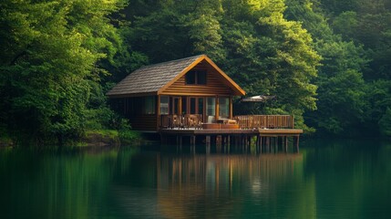 A serene lakeside cabin with wooden exterior and a dock, surrounded by lush greenery and reflecting in the calm water.