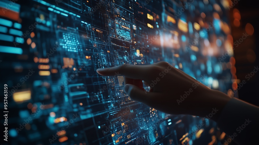 Poster a person interacts with a glowing digital display filled with data and graphics in a futuristic envi