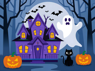 Fototapeta premium Spooky Haunted House with Ghost, Black Cat, and Jack-O'-Lanterns