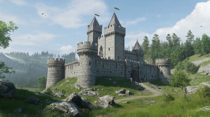 A traditional medieval castle with stone walls, turrets, and a moat, set in a dramatic landscape with rolling hills and forests.