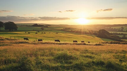 Obraz premium A tranquil evening scene of a field with grazing cows and a setting sun casting a warm, golden glow over the landscape.