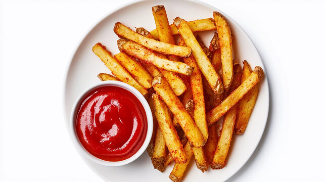 Top view of french fries with tomato ketchup isolated on white background, peri peri fries