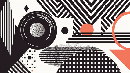 Abstract black and white design with bold geometric shapes and accents