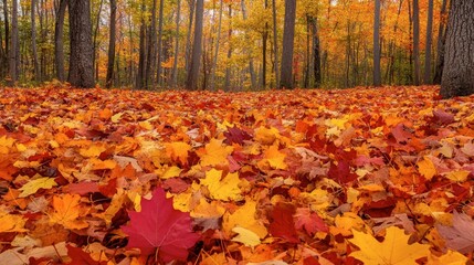 A vibrant autumn forest with colorful leaves in shades of orange, red, and yellow, covering the forest floor and creating a picturesque scene.