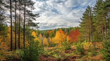 Fototapeta premium A wide-angle view of a forest with a mix of coniferous and deciduous trees, showcasing the diversity of the woodland ecosystem.