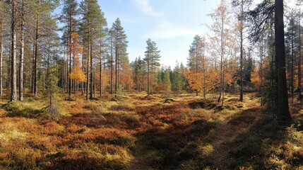 Obraz premium A wide-angle view of a forest with a mix of coniferous and deciduous trees, showcasing the diversity of the woodland ecosystem.