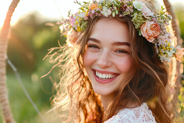 Obraz premium a beaming hippie woman wearing a crown of wildflowers, framed by a large, circular loom in a blurred studio setting