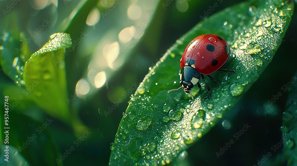 Wall mural   A ladybug sitting on a green leaf with water droplets on its background