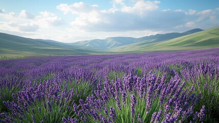 Naklejka premium Lavender field in front of mountains with blue sky and white clouds in the background