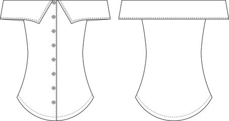 sleeveless off the shoulder neck buttoned fit long shirt blouse top template technical drawing flat sketch cad mockup fashion woman design style model  © sin