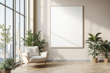 Poster Frame in Beige minimalist living room interior created with generative AI