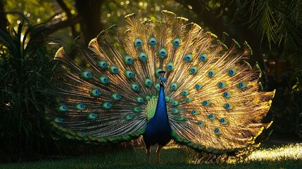 Obraz premium A peacock spreads its feathers in front of a camera against a backdrop of grass and trees