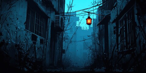 Mysterious Abandoned Alleyway at Night with a Single Glowing Lantern Casting Light on Overgrown Buildings and Empty Path