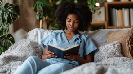 Relaxed nurse in scrubs reading a book on duty