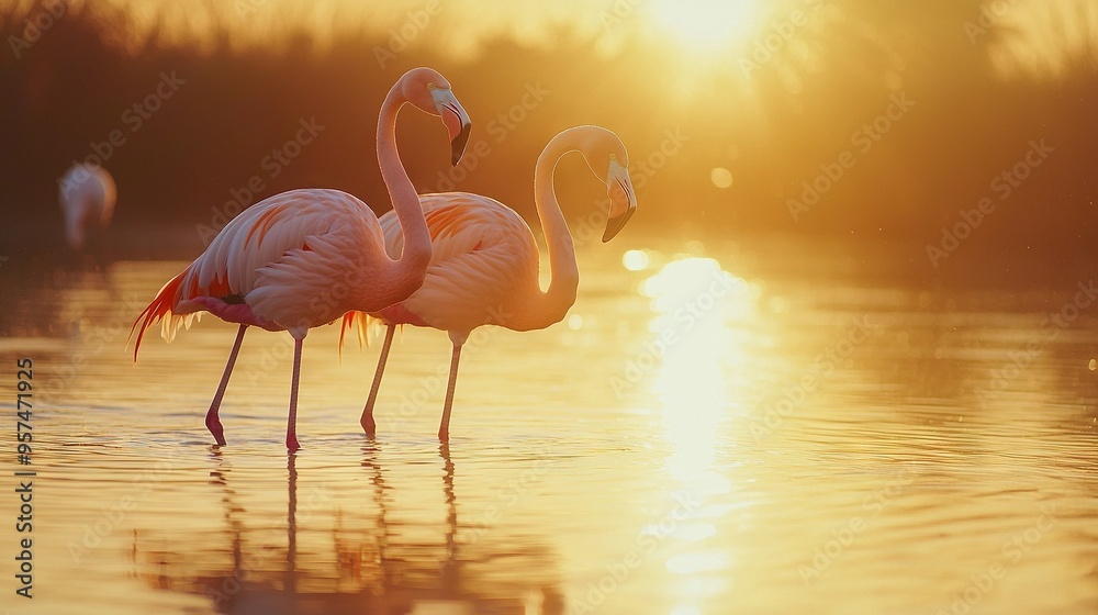 Canvas Prints   Two flamingos stand in water with beaks intertwined as sun sets behind them