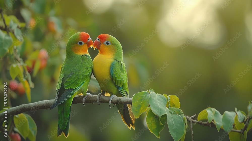 Poster   A pair of birds perched on a tree limb adjacent to one another amidst foliage and fruit