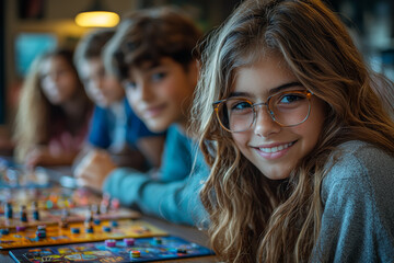 Fototapeta premium Teens playing board games around a table, engaging in friendly competition. Concept of strategy and social interaction.