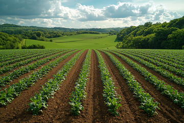 Obraz premium Overhead view of a large agricultural field with contrasting patches of crops and fallow land, illustrating farming practices and land use. Concept of agriculture and land management.