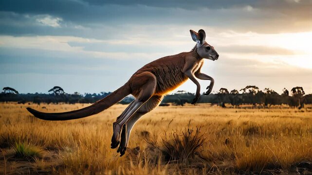 A majestic wild kangaroo captured mid-jump in the outback field during sunset, highlighting wildlife and nature
