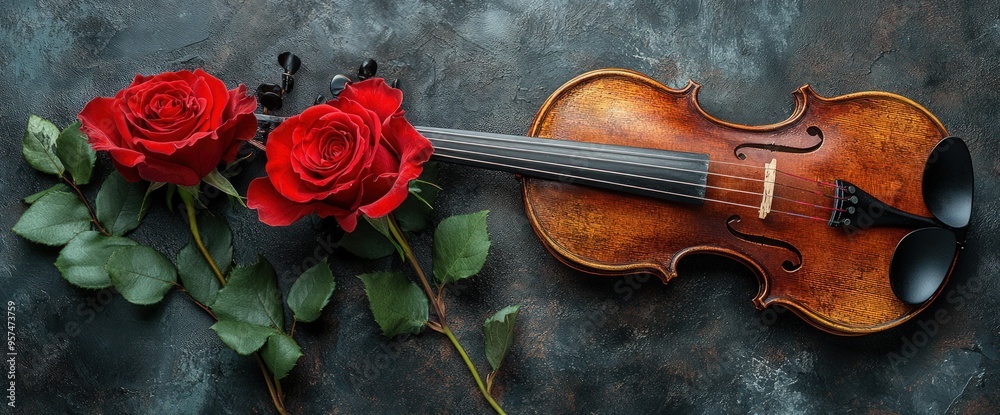 Wall mural A violin and two red roses on a rustic background.