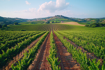 Obraz premium Drone footage of a picturesque vineyard with rows of grapevines stretching across rolling hills, showcasing agricultural beauty. Concept of viticulture and landscape aesthetics.