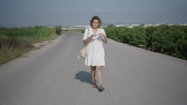 young girl curly haired blonde Caucasian woman in a short white dress walking facing the camera on a lonely suburban road puts on the sunglasses that she is wearing hanging from her dress