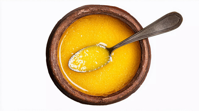 Top view of desi ghee in mataki isolated on white background 
