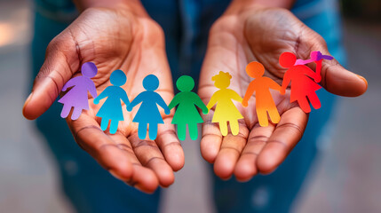 Hands cupped together with a string of Colourful paper cut out children