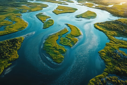 Aerial capture of a tranquil river delta with branching waterways and wetlands, creating a complex and serene water pattern. Concept of river systems and delta formations.