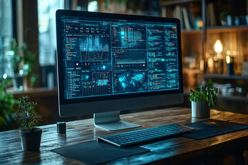 A transparent computer screen displaying data with no one operating it, hinting at an invisible user. Concept of digital invisibility and technology.