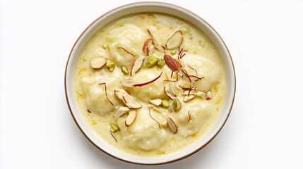 Top view of rasmalai in bowl garnished with chopped nuts 