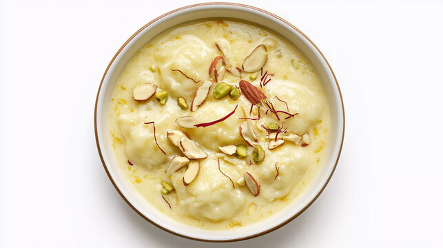 Top view of rasmalai in bowl garnished with chopped nuts 