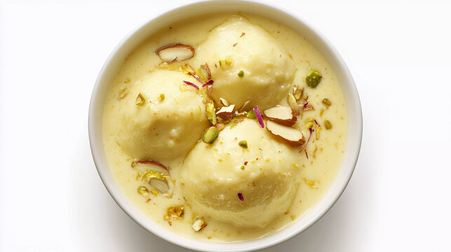 Top view of rasmalai in bowl isolated on white background 