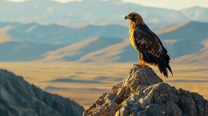   A majestic bird of prey perched atop a rocky peak amidst a grand mountain range, surrounded by towering mountains