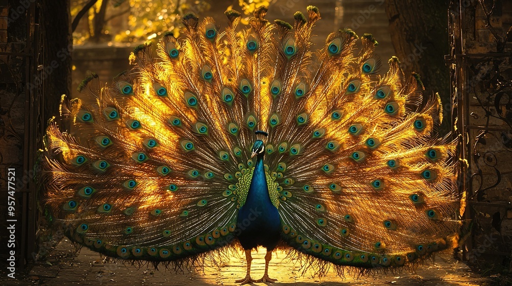 Canvas Prints   A close-up of a peacock with its feathers spread and reflecting in a water puddle